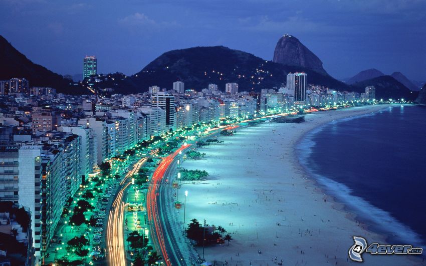 Rio De Janeiro, plaża, miasto nocą