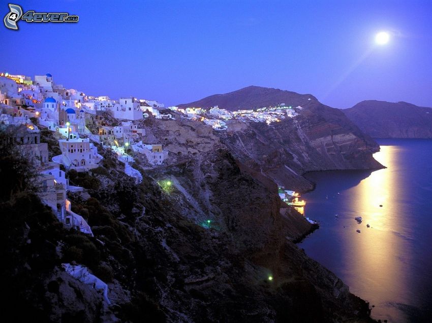 Santorini, Grecja, nadmorskie miasto, morze, księżyc
