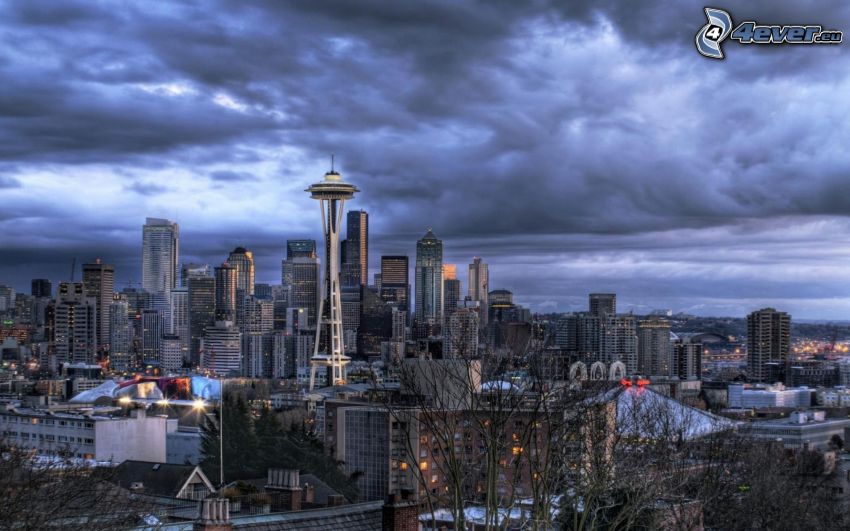 Seattle, Space Needle, chmury, HDR