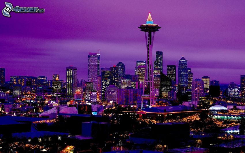 Space Needle, Seattle, miasto nocą