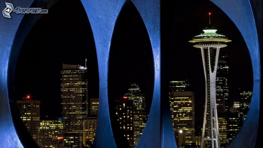 Space Needle, Seattle, wieżowce, miasto nocą