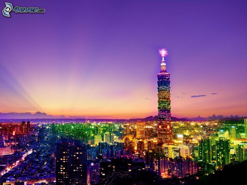 Taipei 101, Tajpej, miasto nocą, fioletowe niebo