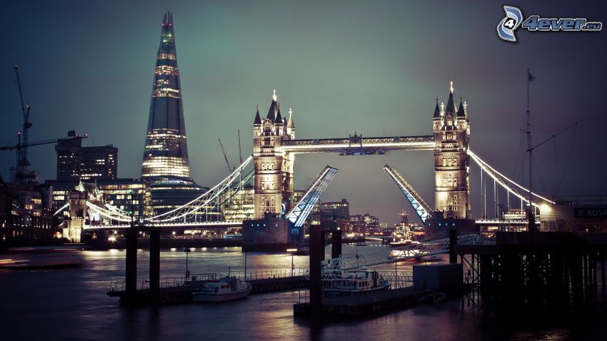 Tower Bridge, The Shard, Londyn, miasto nocą, Tamiza