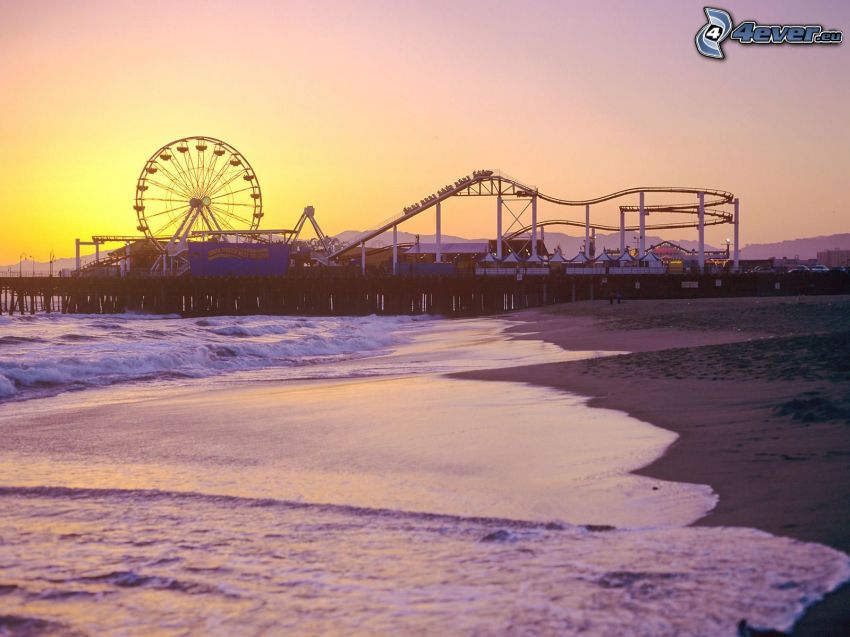 wesołe miasteczko, diabelski młyn, plaża piaszczysta, morze, Santa Monica