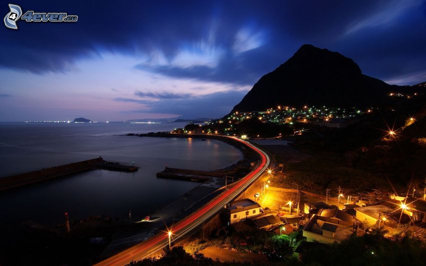 wybrzeże, autostrada nocą, światła, góra, Brazylia