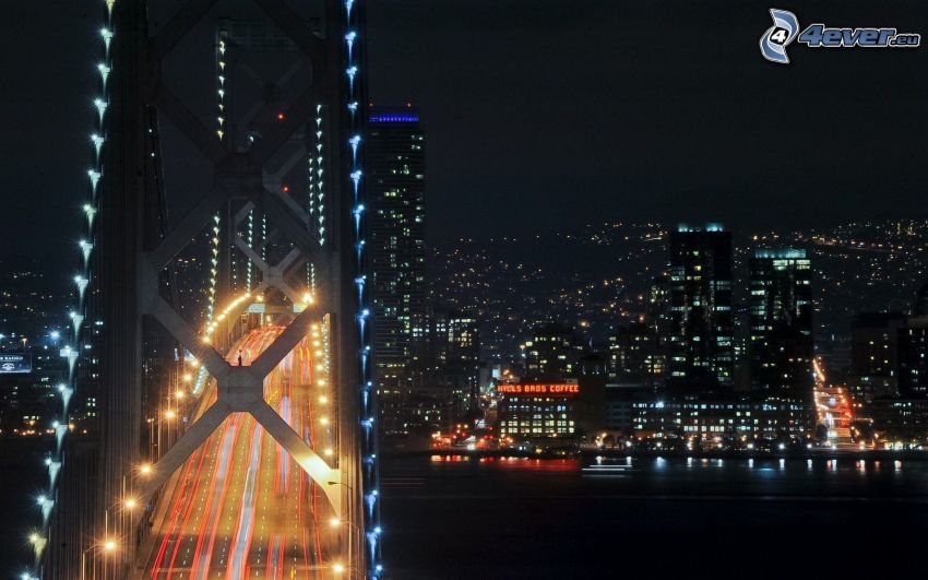 Bay Bridge, oświetlony most, San Francisco, miasto nocą
