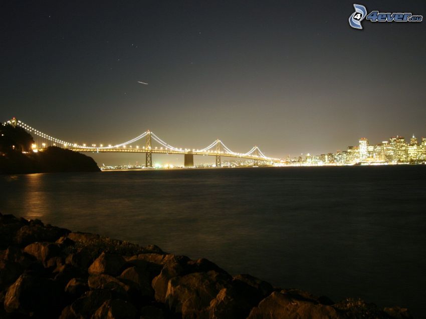 Bay Bridge, San Francisco, oświetlony most, rzeka, noc