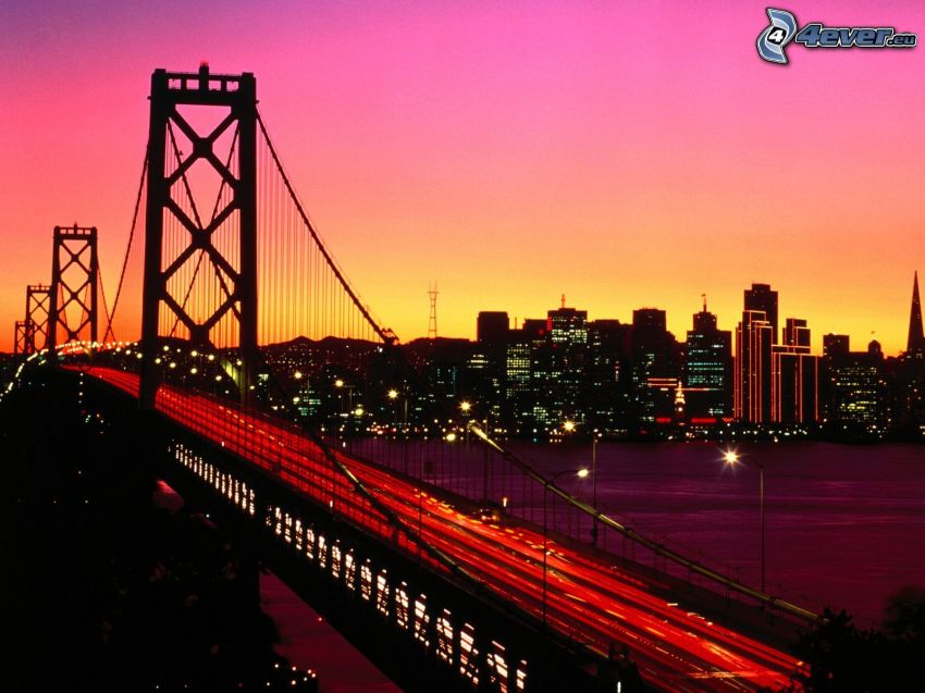 Bay Bridge, San Francisco, oświetlony most, światła, miasto wieczorem