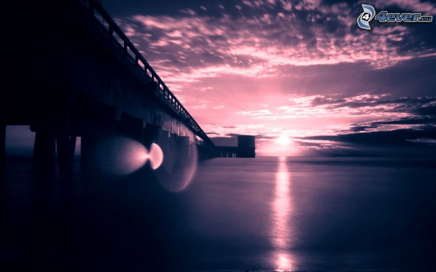 fioletowy zachód słońca, most