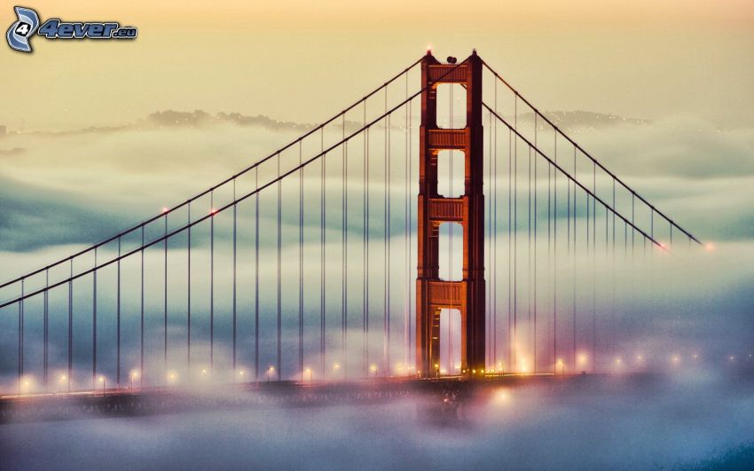 Golden Gate, San Francisco, oświetlony most, mgła