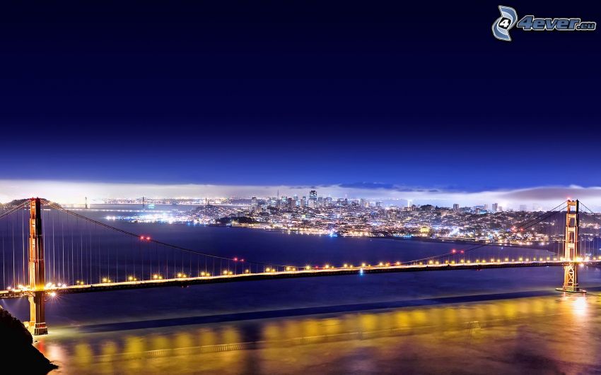 Golden Gate, San Francisco, oświetlony most, miasto nocą