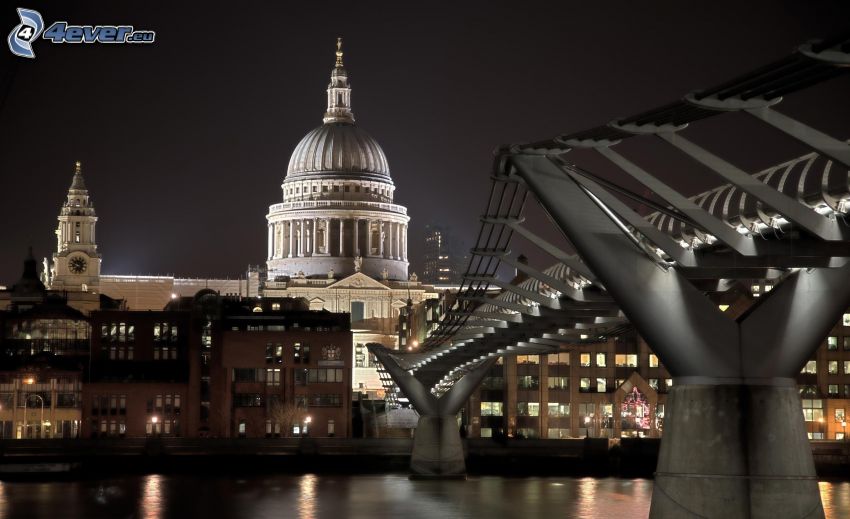 Millenium Bridge, nowoczesny most, katedra, Londyn, Wielka Brytania, noc, oświetlenie