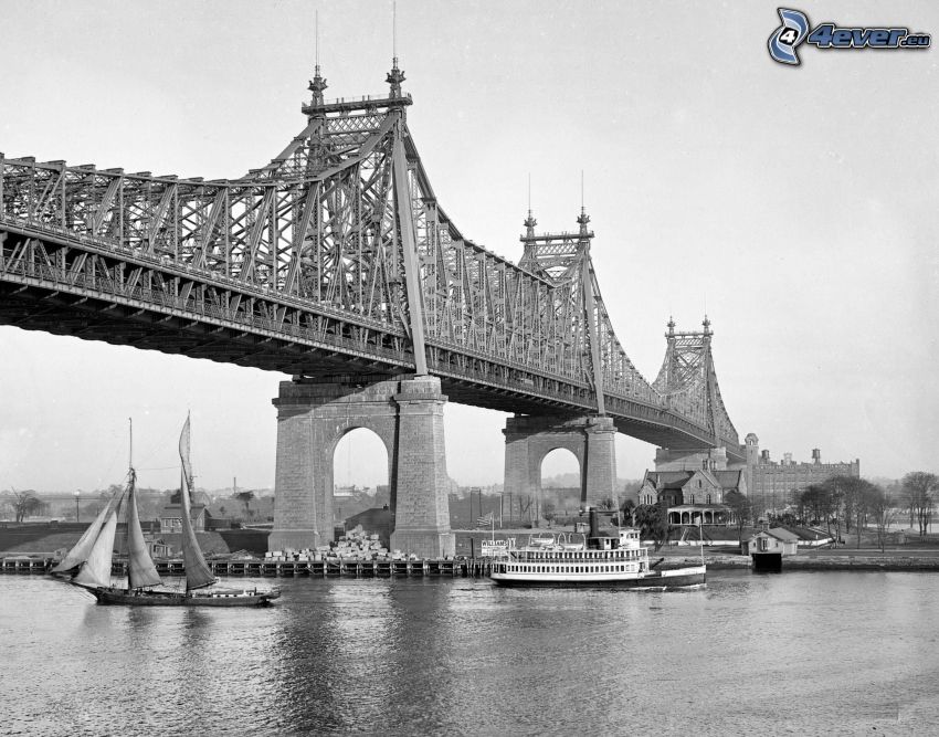 Queensboro bridge, statki, czarno-białe zdjęcie