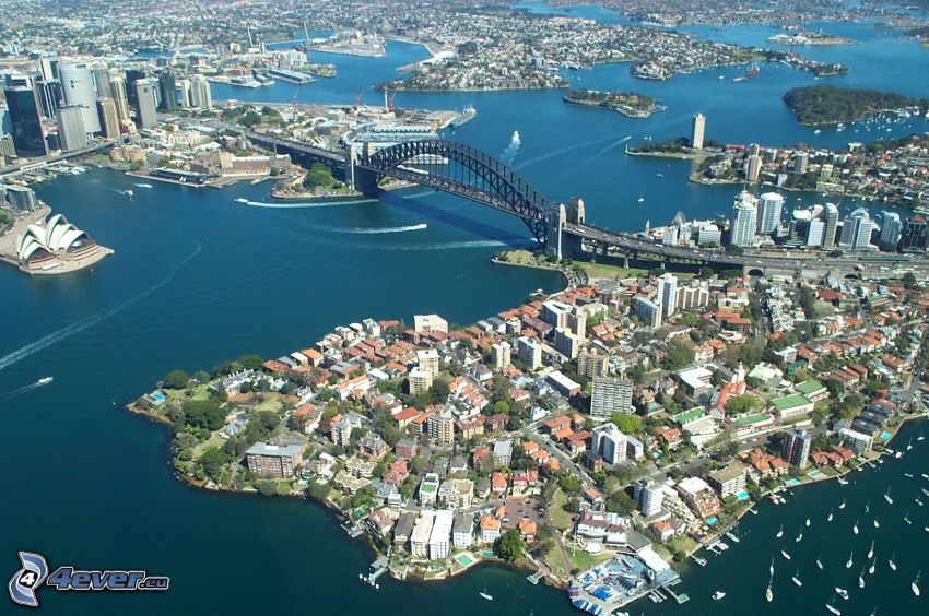 Sydney Harbour Bridge, widok z lotu ptaka, most, Sydney Opera House, miasto, jachty