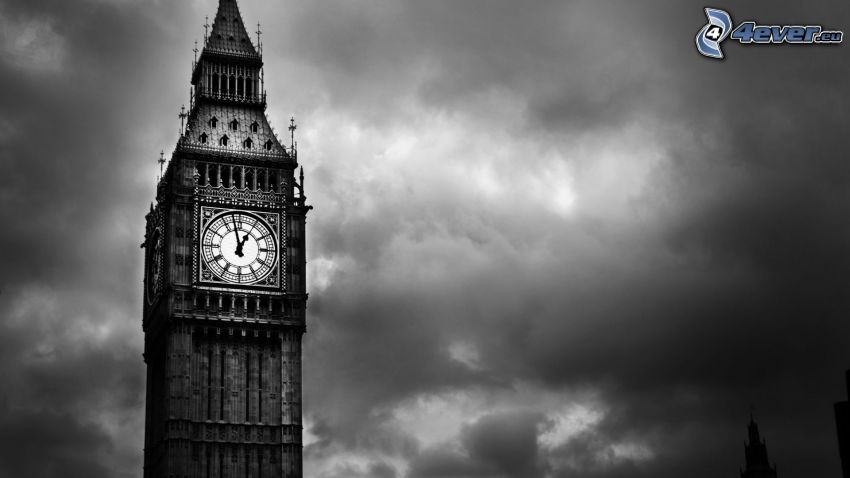 Big Ben, chmury, czarno-białe zdjęcie
