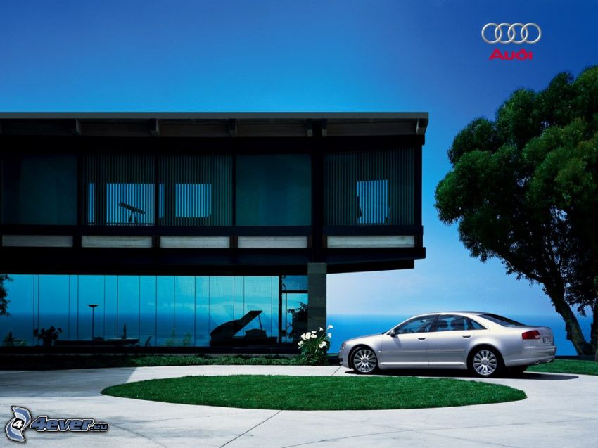 luksusowy dom, Audi A8, widok na morze
