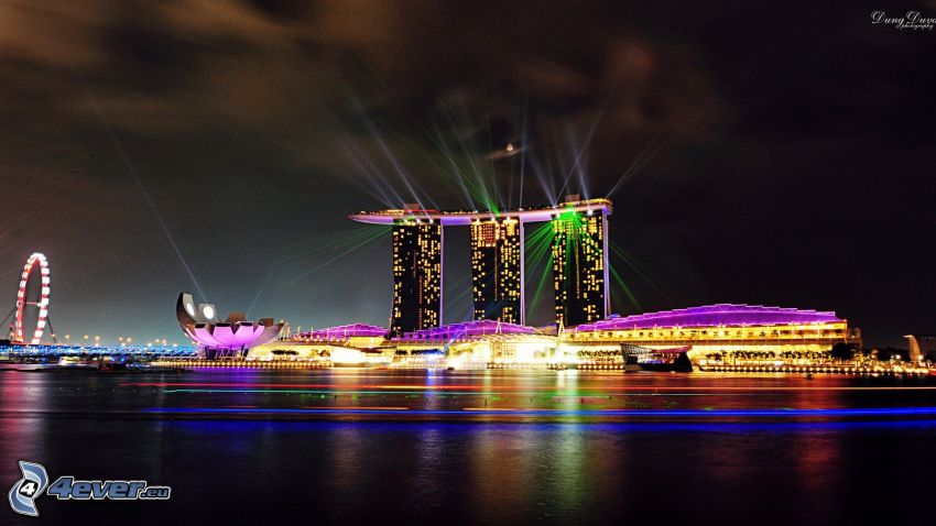 Marina Bay Sands, Singapur, światła, miasto nocą