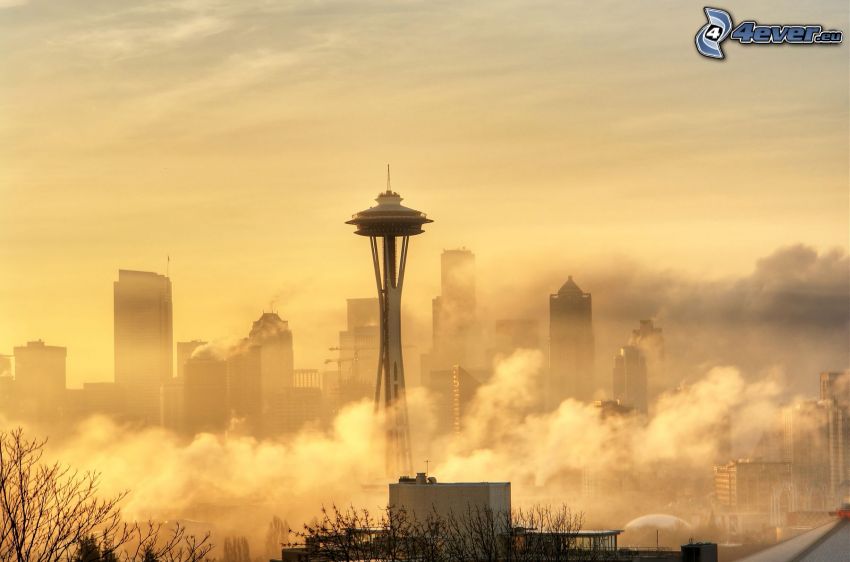 Space Needle, Seattle, wieżowce, chmury