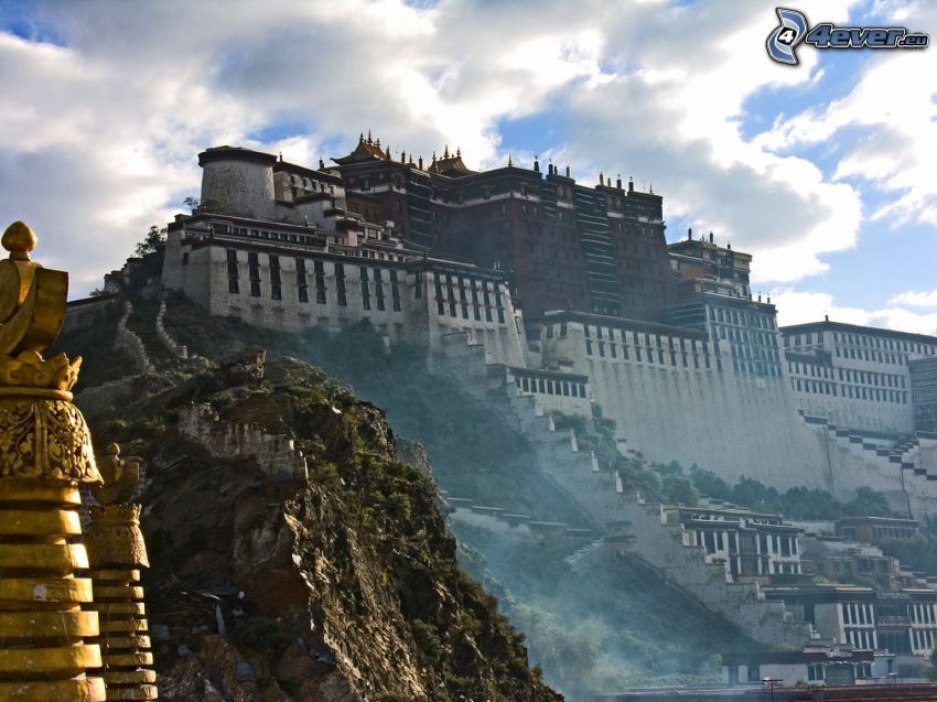 pałac, Chiny, skała, chmury