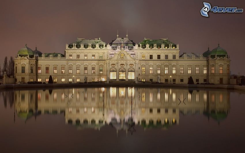 Pałac Belwederski, Wiedeń, Austria, woda, odbicie, wieczór
