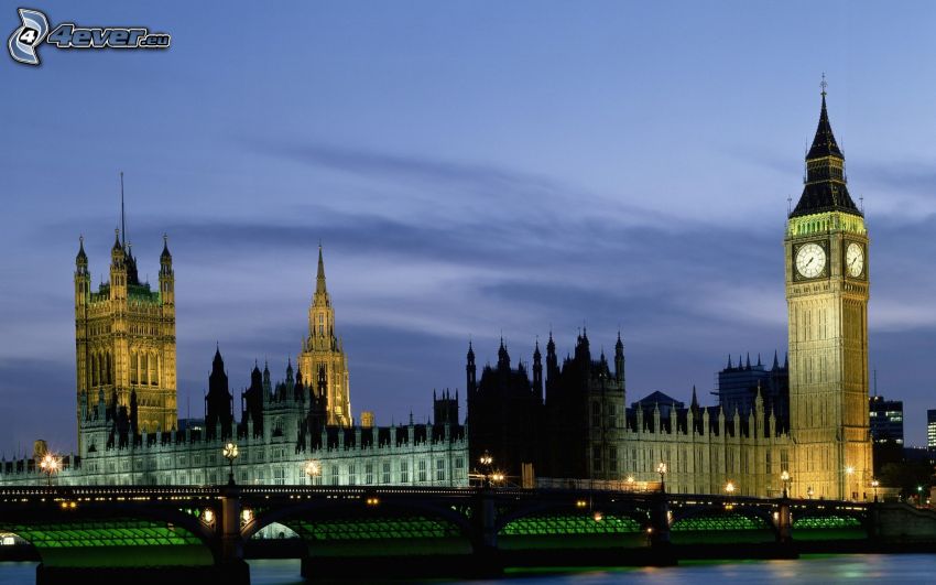 Pałac Westminsterski, Brytyjski parlament, Big Ben, most, Londyn, Anglia, wieczór, oświetlenie