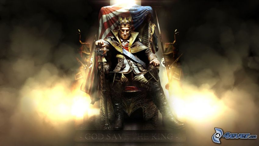 Assassin's Creed 3, król, krzesło, flaga