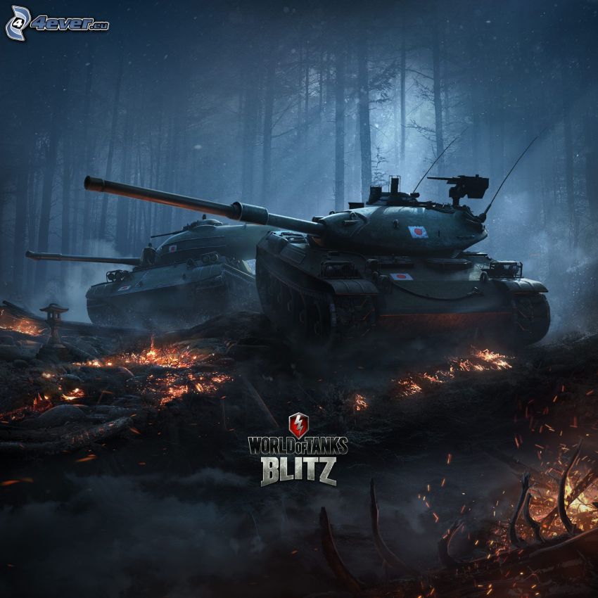 World of Tanks, czołg, ciemny las, płonące drewno