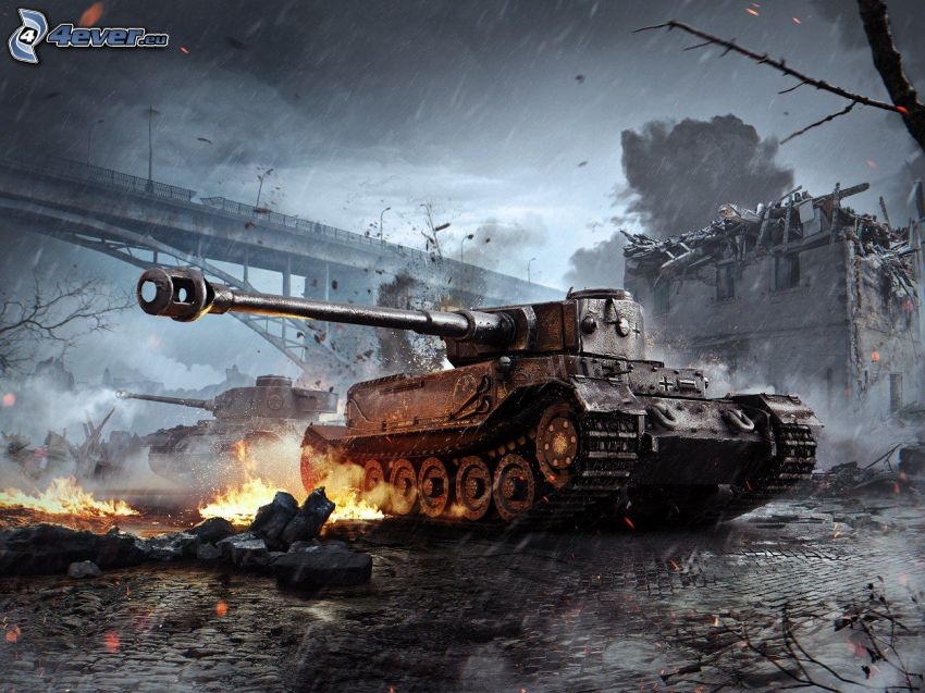 World of Tanks, Tiger, czołg, strzelanie, most, ogień
