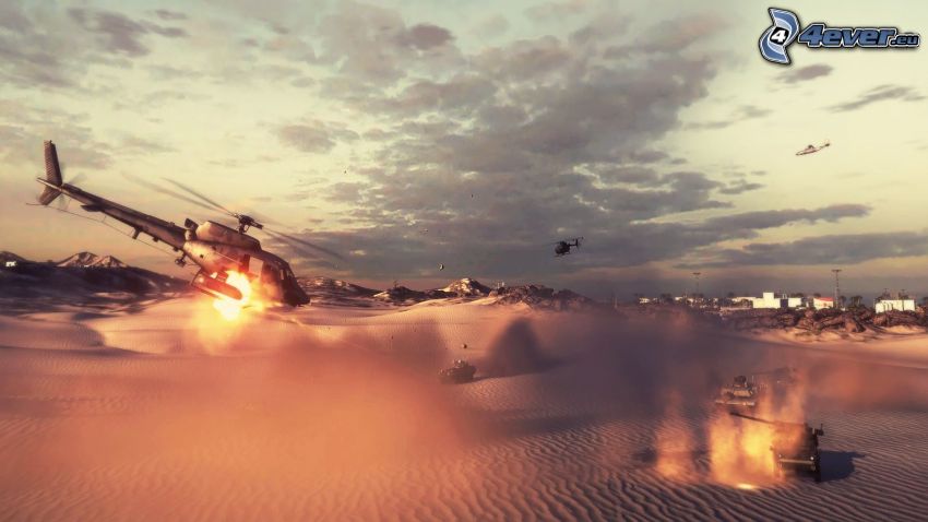 Battlefield 3, wojskowy śmigłowiec, czołg, pustynia