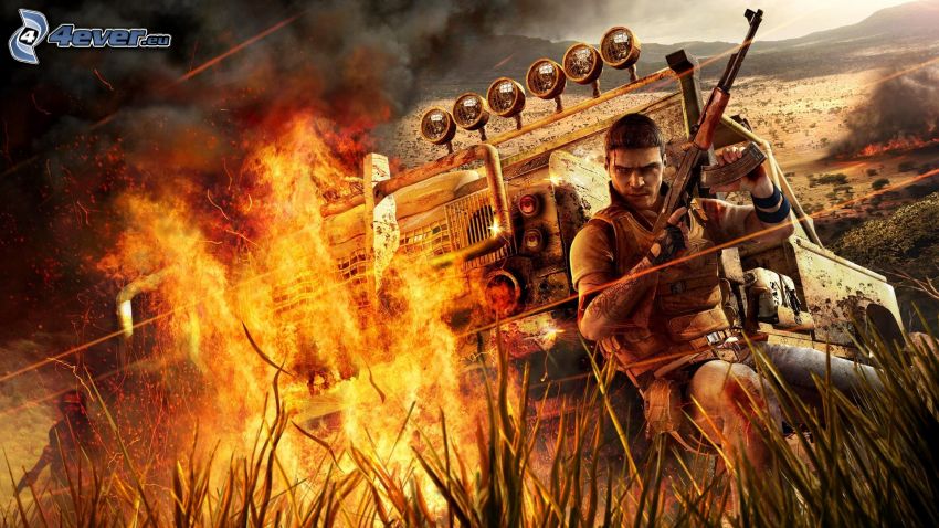 Far Cry 2, mężczyzna z pistoletem, płomień