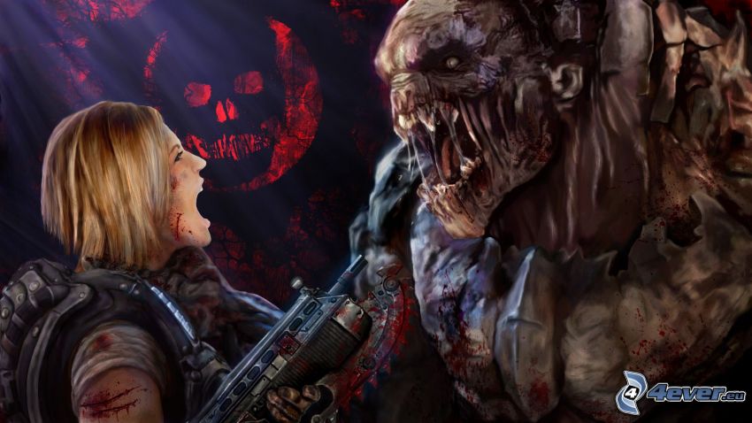 Gears of War 3, kobieta z pistoletem, potwór