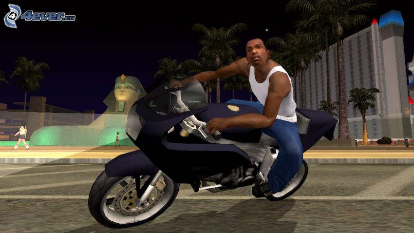 GTA San Andreas, motocykl, sfinks, miasto nocą