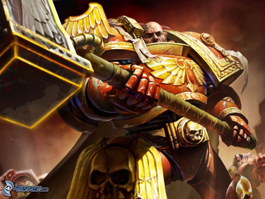 Warhammer, fantazyjny bojownik, czaszki, młotek
