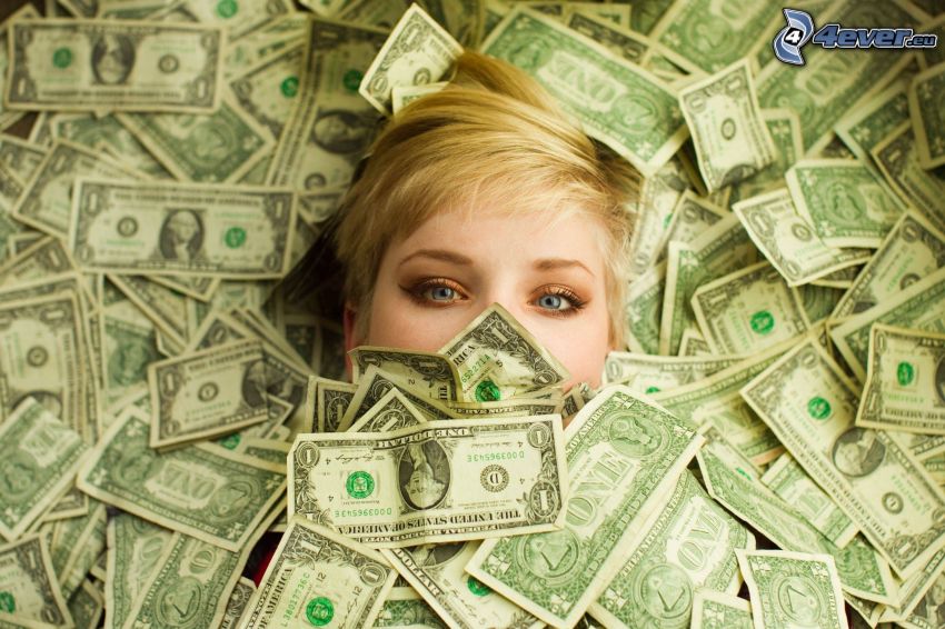 blondynka, góra pieniędzy, dolary