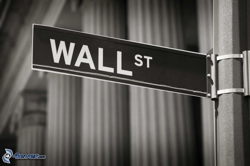 Wall Street, tabliczka, czarno-białe zdjęcie