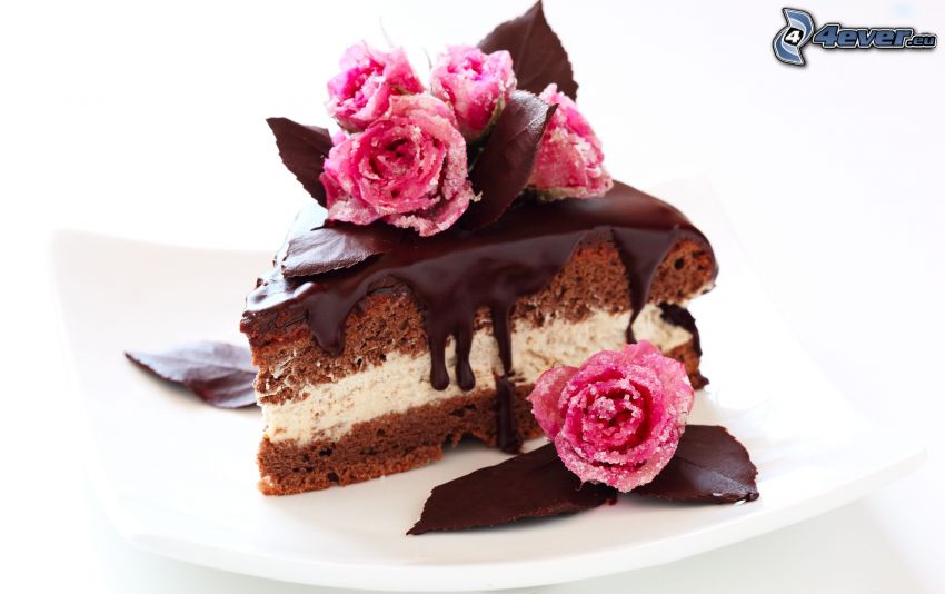 kawałek tortu, czekolada, róże, marcepan, deser
