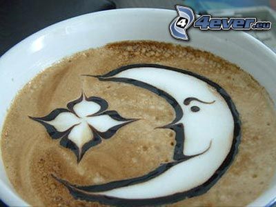 księżyc, kawa, gwiazda, filiżanka, latte art