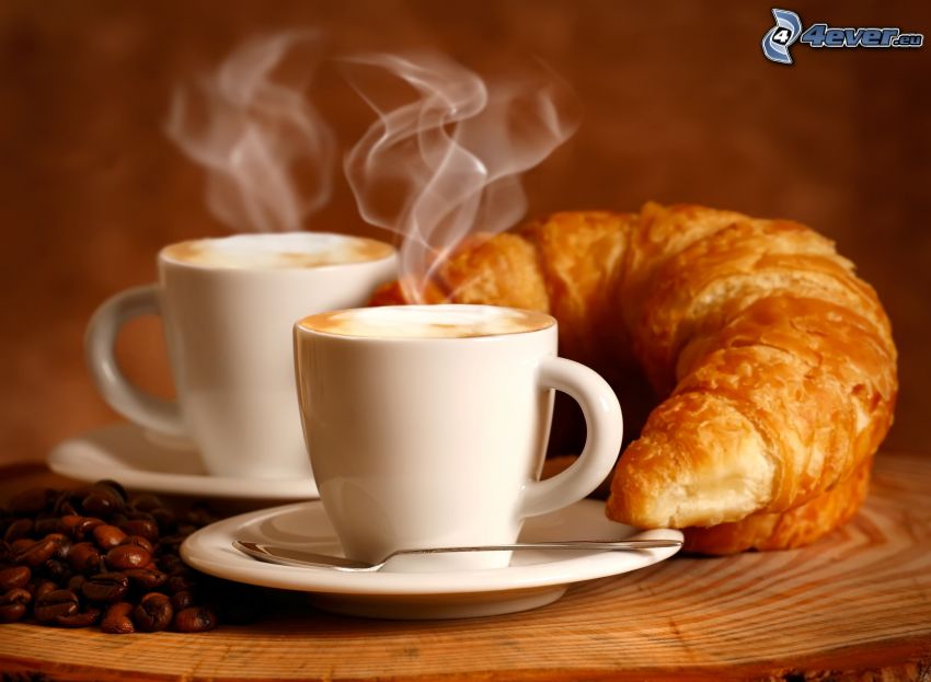 śniadanie, filiżanka kawy, croissant