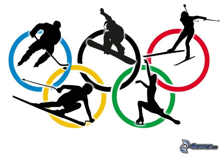 kółka olimpijskie, hokeista, snowboardzista, narciarz, kobieta na rolkach