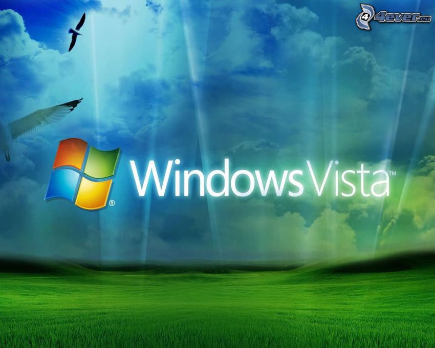 Windows Vista, logo, chmury, ptaki, trawa