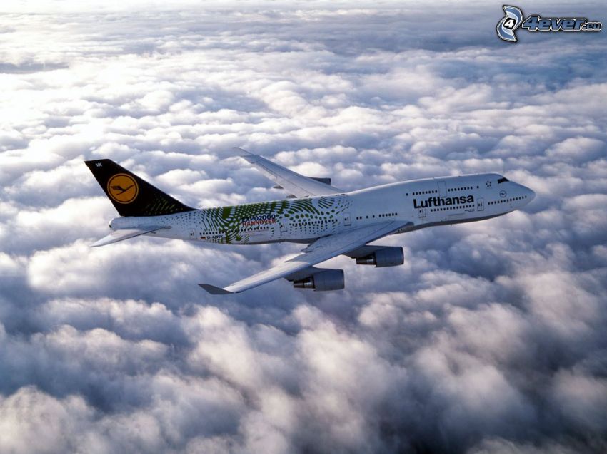Boeing 747, Lufthansa, chmury, samolot
