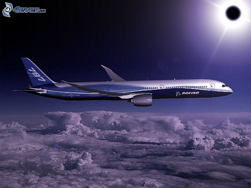 Boeing 787 Dreamliner, samolot, zaćmienie słońca, chmury