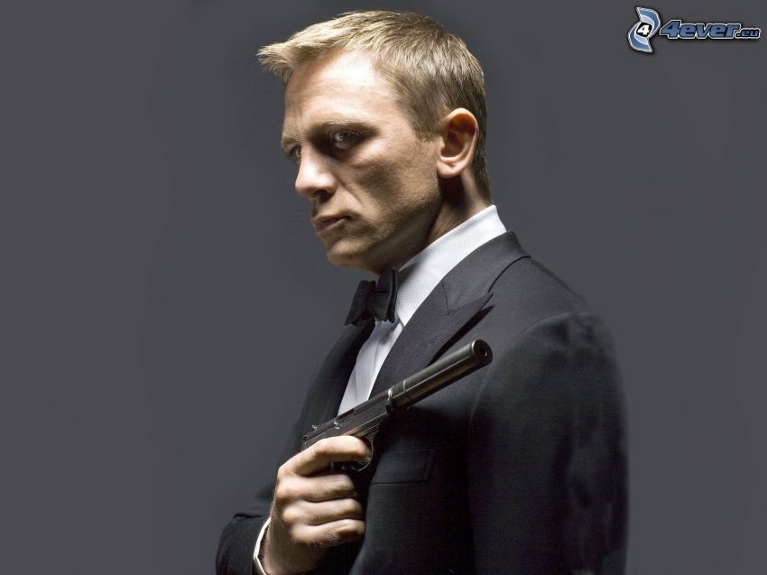 Daniel Craig, James Bond, mężczyzna z pistoletem, mężczyzna w garniturze, muszka