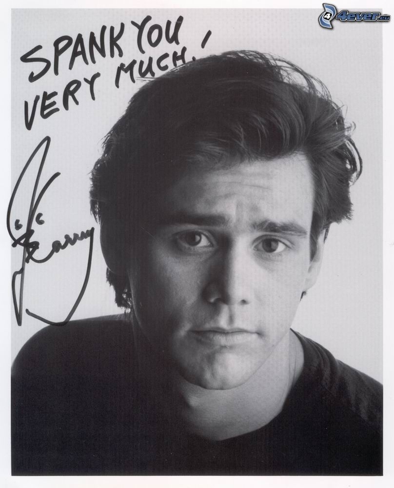 Jim Carrey, podpis, czarno-białe zdjęcie
