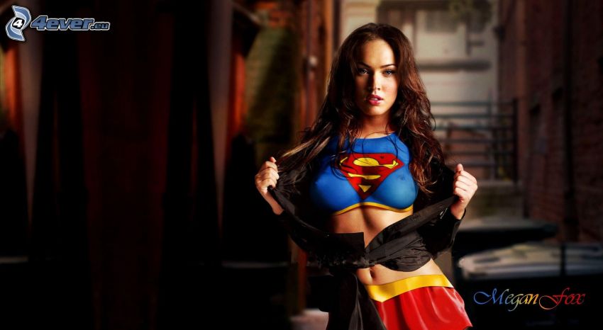 Megan Fox, modelka, bodypainting, Superman, logo