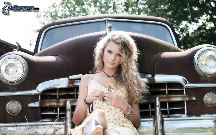 Taylor Swift, żółty kwiat, samochód, weteran