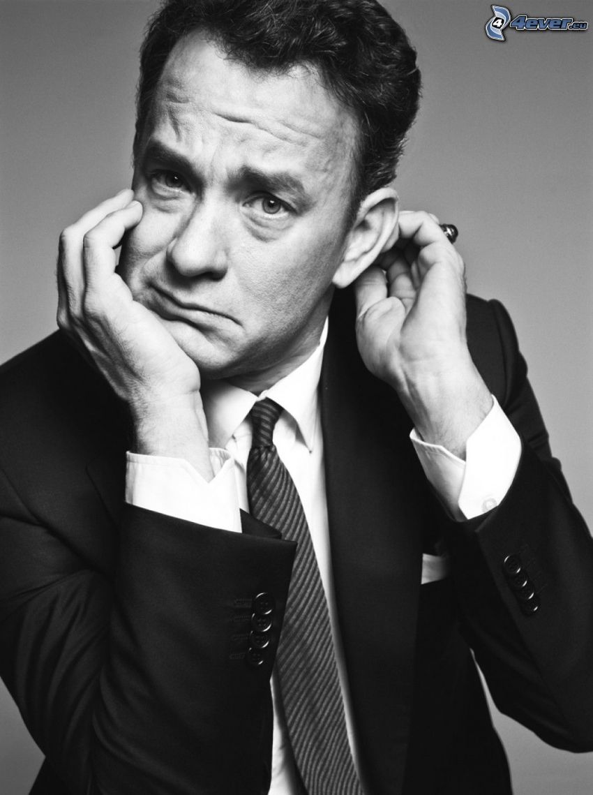 Tom Hanks, mężczyzna w garniturze, czarno-białe zdjęcie