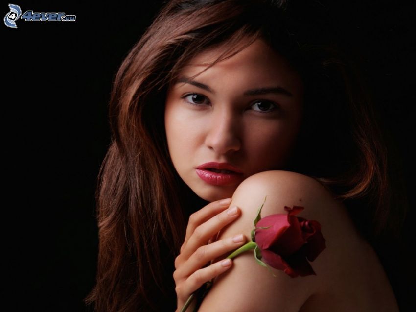 brunetka, czerwona róża