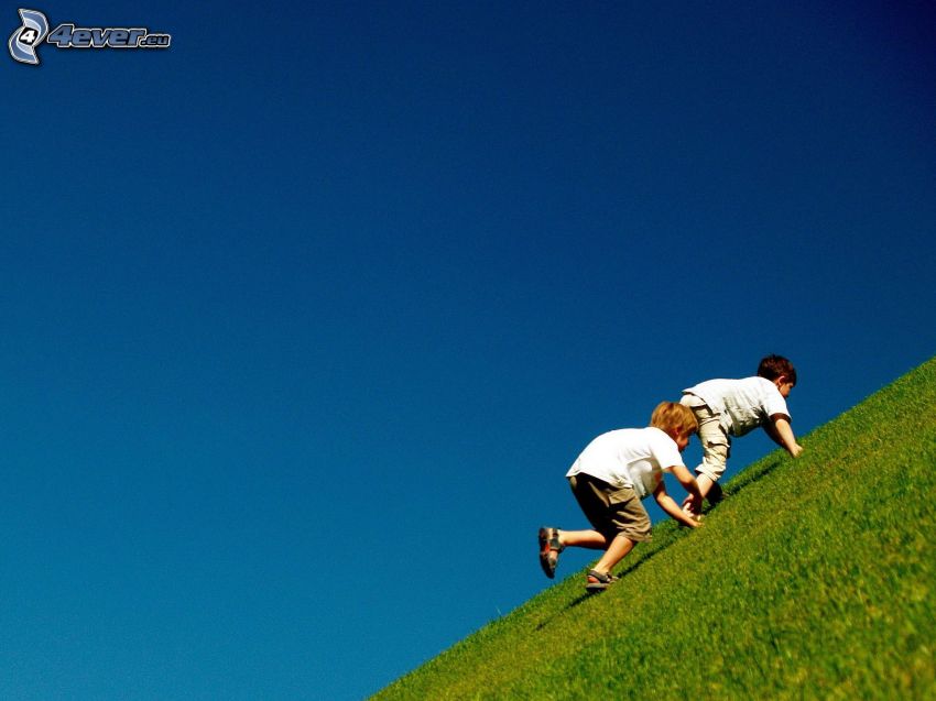 chłopcy, wzgórze, zielona trawa, niebieskie niebo