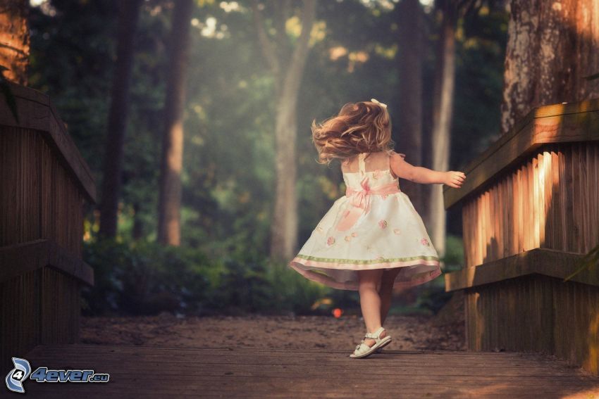 dziewczynka, drewniany most w lesie